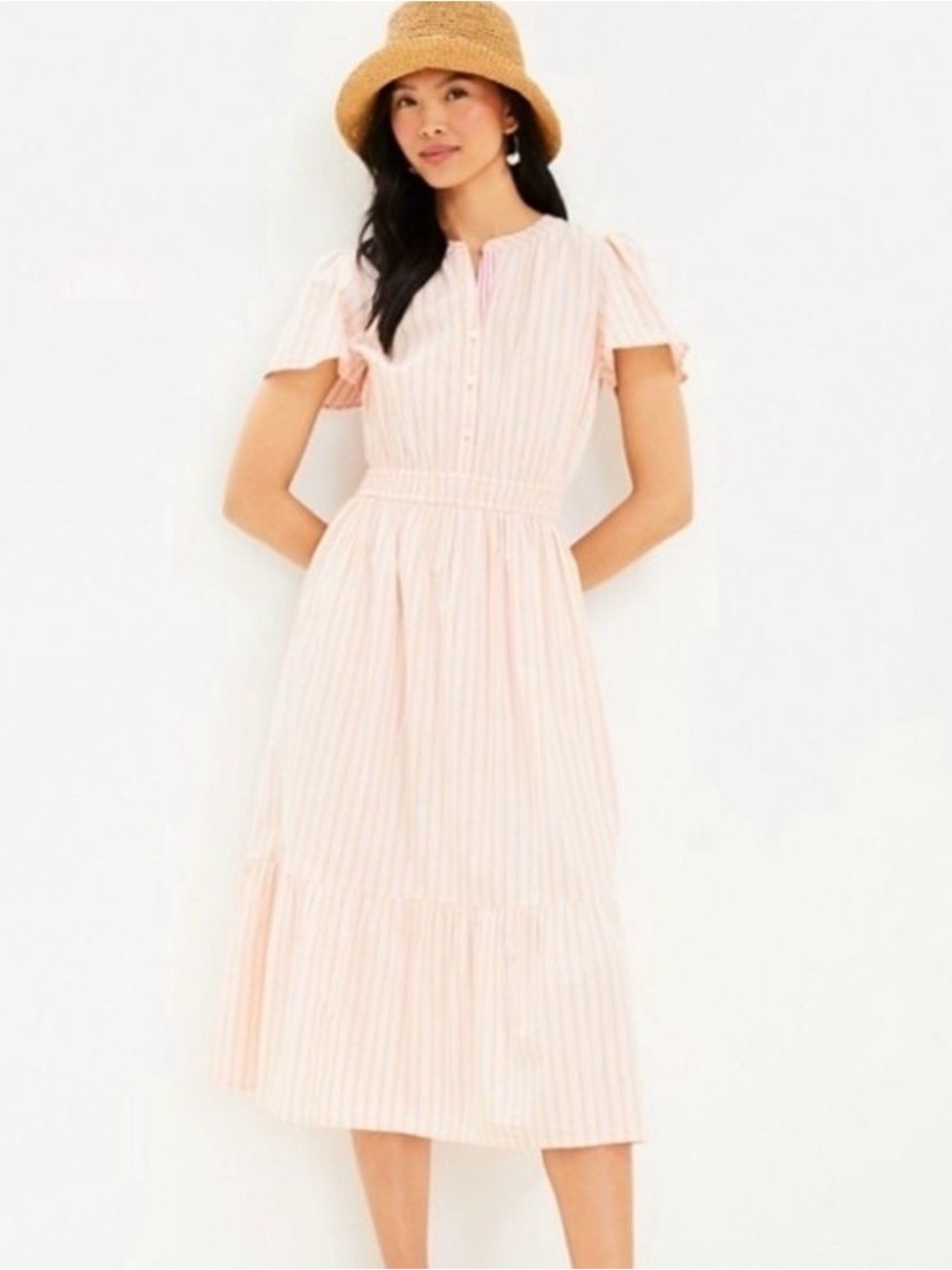LOFT Striped Smocked Waist Midi Dress